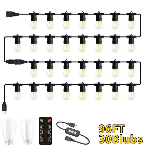 FungLam 96FT Outdoor String Lights shatterproof Patio Lights,Christmas decor,with remote control,30 1 LED Bulbs for Backyard,Garden,Porch