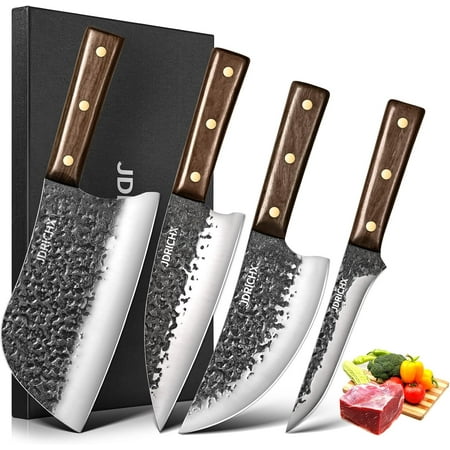 4 PCS Heavy Duty Hand Forged Serbian Chef Knife Meat Cleaver Boning Viking Knife Set-Full Tang High Carbon Steel for Home Cooking Outdoor BBQ Camping Gift Idea