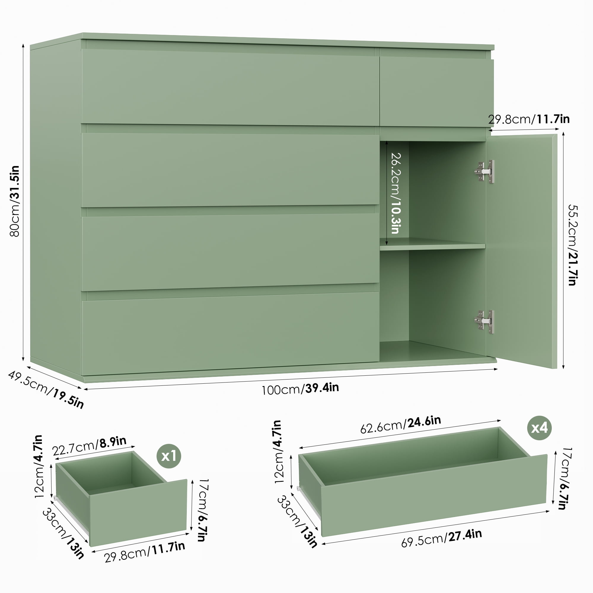 Homfa 5 Drawer Dresser with Door, Modern Accent Storage Cabinet Chests of Drawers for Bedroom Living Room, Green