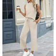 thumbnail image 2 of Two Piece Sets for Women Summer Outfits Lounge Sets Mock Neck Tops Wide Leg Crop Pants Vacation Travel Outfits Beige L, 2 of 3