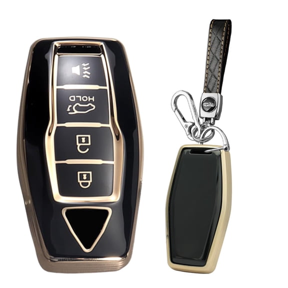Elegant Golden-Edge 4-Button Key Fob Cover with Leather Keychain – Premium Protective Case Perfect Fit for 2021-2023 Mitsubishi Outlander New Keyless Remote Vehicle Accessories