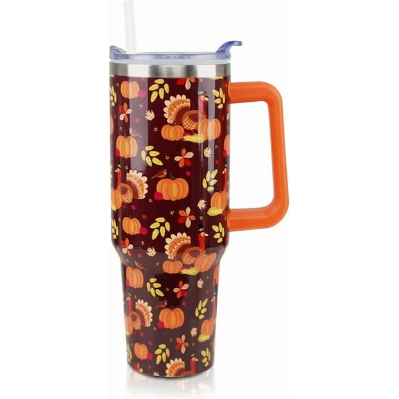 40 oz Thanksgiving Tumbler with Handle and Straw, Stainless Steel Insulated Fall Turkey Tumbler 40 oz, Reusable Cup with Leak Proof Lid, Thanksgiving Gifts for Women (off white orange)
