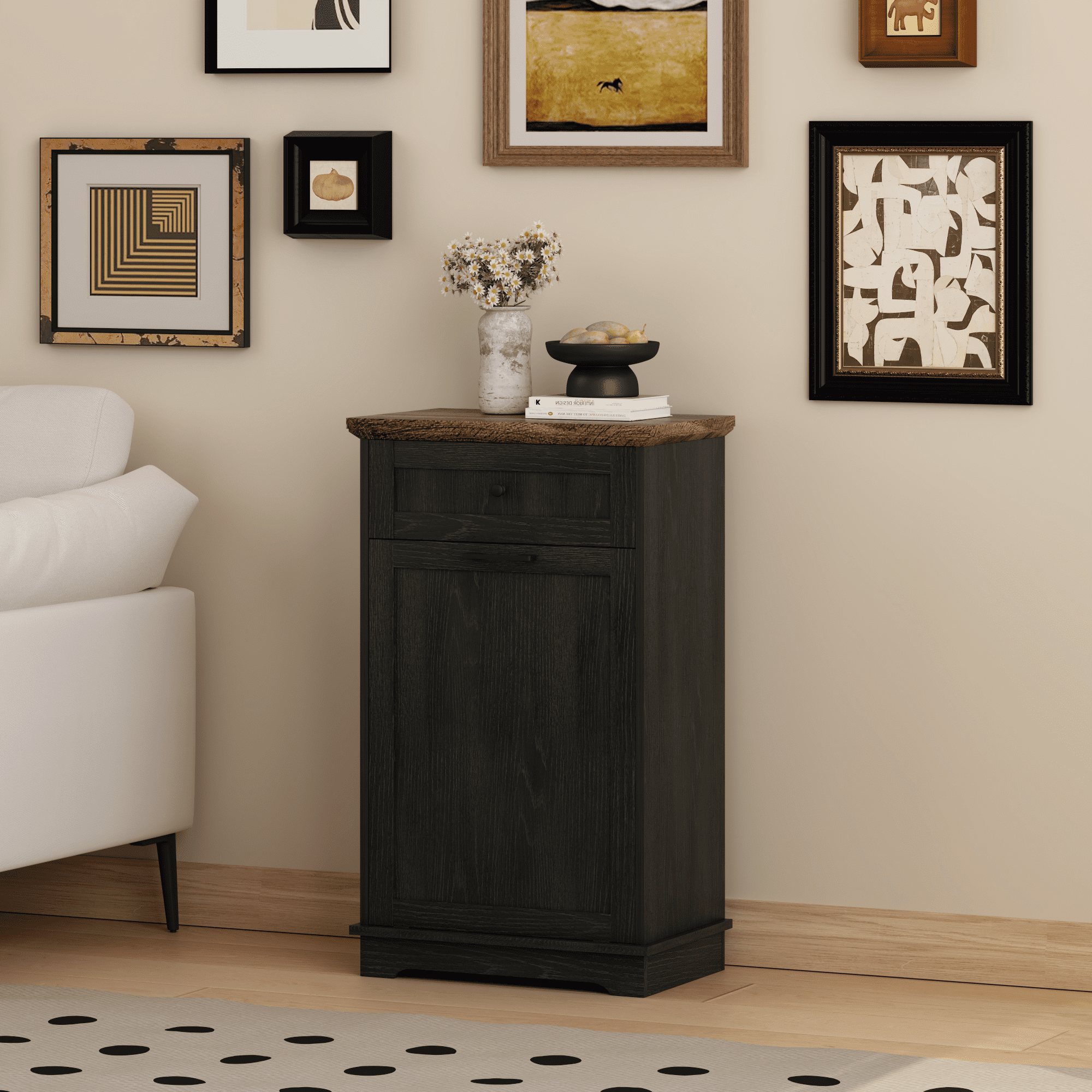 10 Gallon Tilt Out Trash Cabinet Freestanding Trash Bin Cabinet Wood Garbage Recycling Cabinet with Hideaway Drawer Pet Proof Trash Can Holder for Kitchen Living Room, Antique Black (not include can)