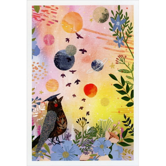 Pictura Grad Bird Looking at Solar System Graduation Congratulations Card