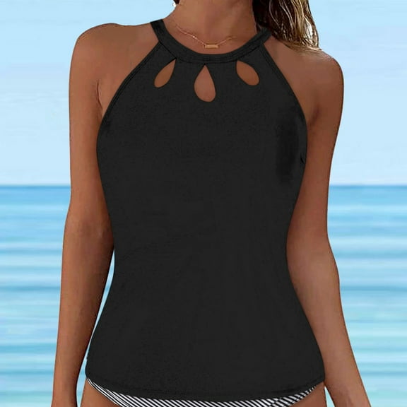 ZHOGXU Women Swimwear Tops Sleeveless Solid Color Hollow Out Bikini Top Push Up Swim Crop Top Tie Back Bathing Suit Tops For Beach Pool,Black,L