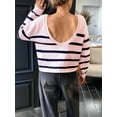 thumbnail image 5 of Women'S Crew Neck Cropped Sweater Fall Long Sleeve Chunky Knit Pullover Sweater Tops Pink Blue M, 5 of 7