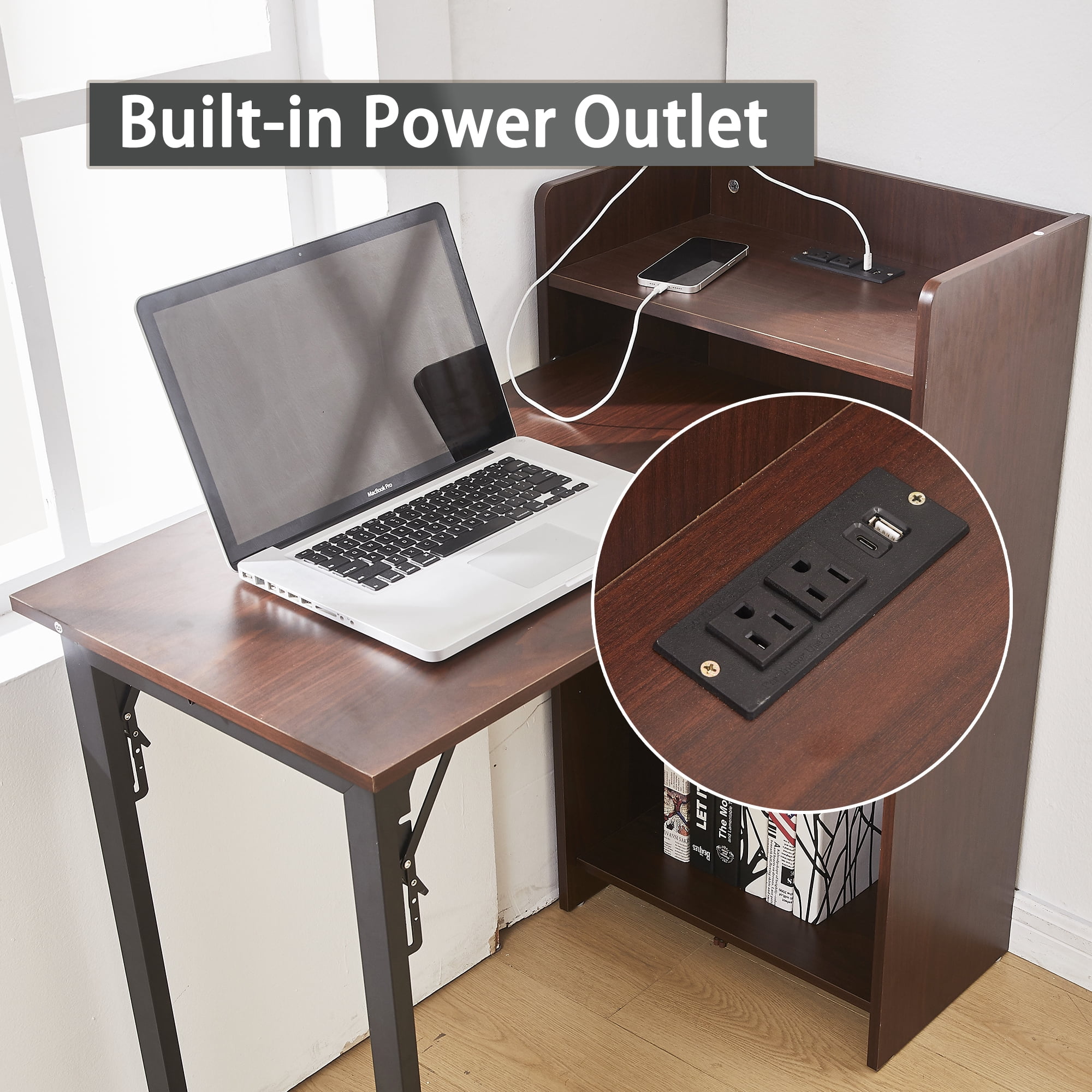 Haooyeah 37" Foldable Storage Desk with Charging Station, Space-Saving Desk with Raised Surface, Multi-functional Desk for Home Office, Bedroom, and Small Spaces