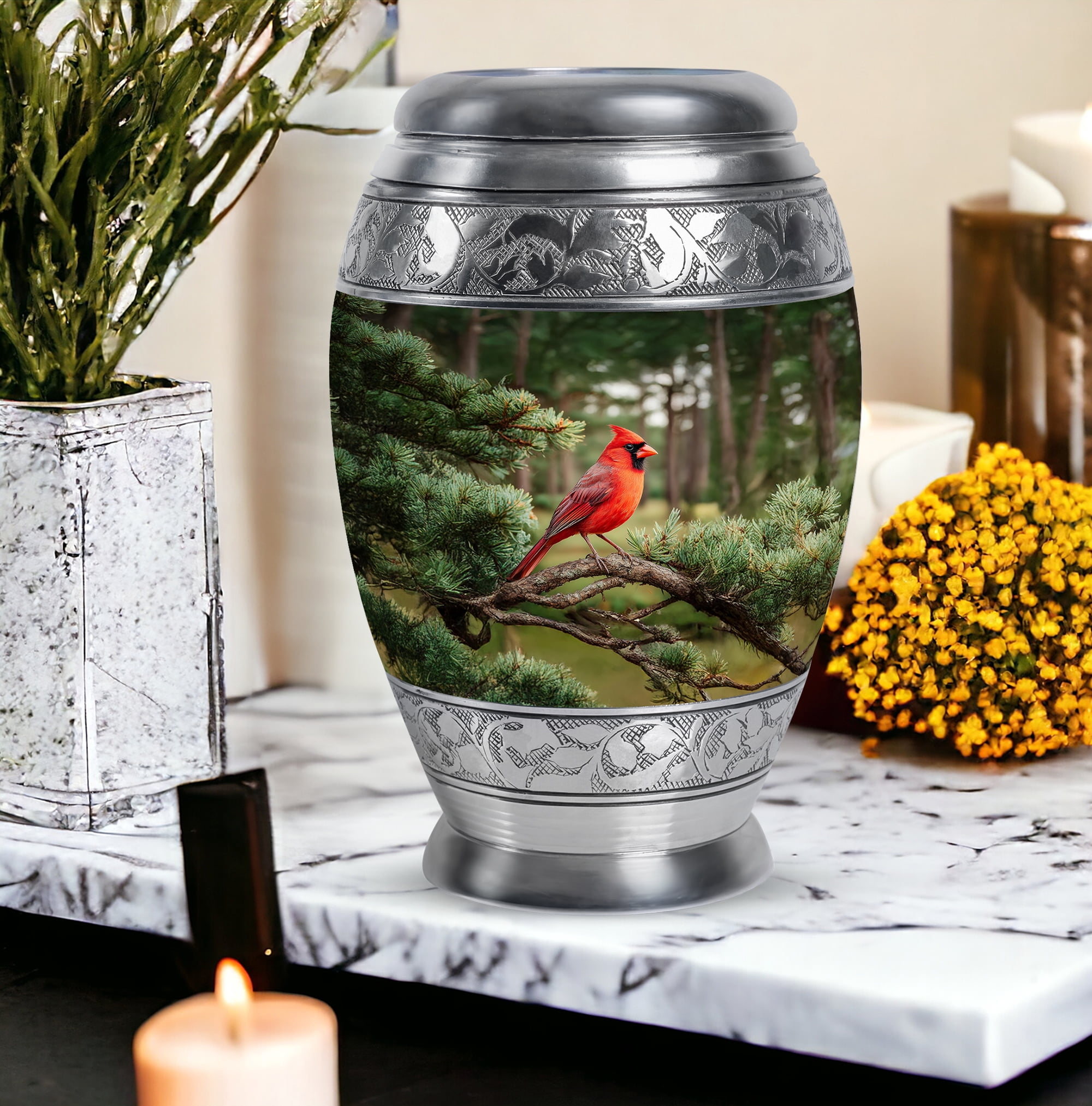 Cardinal Bird Cremation Urn For Mom And Dad, Tree Memorial Urn For Adult, Sunset Funeral Urns For Adult Male, Keepsake Urns For Ashes Set Of 4 And 1 Large (10&3) Inch Combo