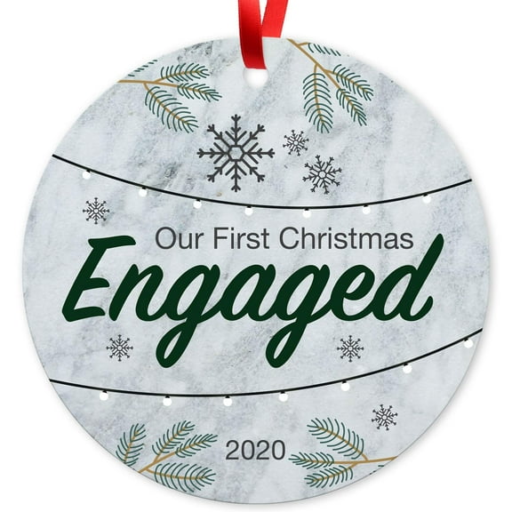 Soul Décor 2020 Christmas Ornament, Our First Christmas Engaged 2020 Ornament, Large 3.75" Round Metal Ornament, Velvet Pouch Included