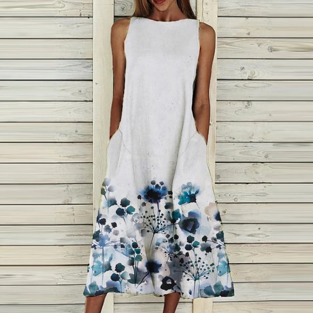 HKEJIAOI Liquidation Robe Florale pour Femmes Robe d'Anniversaire Robe d'Été Col Rond Sans Manches Imprimé Floral Scénique avec Poches Bleu Ciel