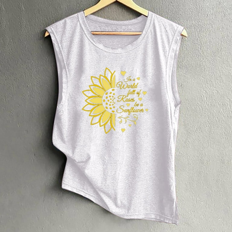 SMihono Save Big Crew Neck Girls Sunflower Print Sleeveless Comfy Tunic Tank  Tops for Women Summer Trendy Fashion Ladies Blouse Shirts Loose Fit Casual  Female Leisure White XL 