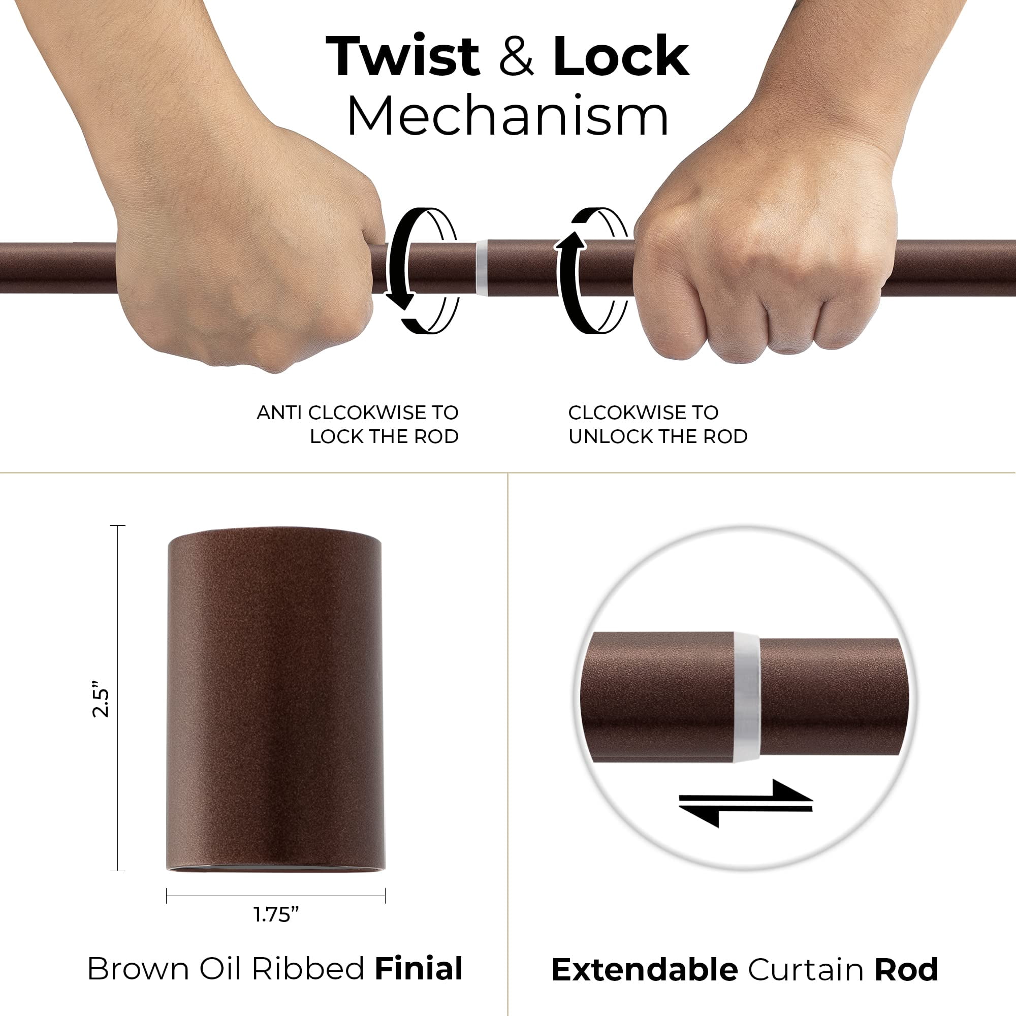 Deco Window Modern 1" Diameter Powder Coated Barrel Finial Adjustable Single Curtain Rod, 52 in - 144 in