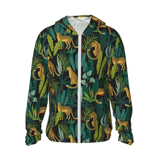 Fotbe Jungle Leopard Yellow Chaqueta con Protección Solar UPF 50+ para Hombre y Mujer, Camisa con Capucha y Bolsillos-Large