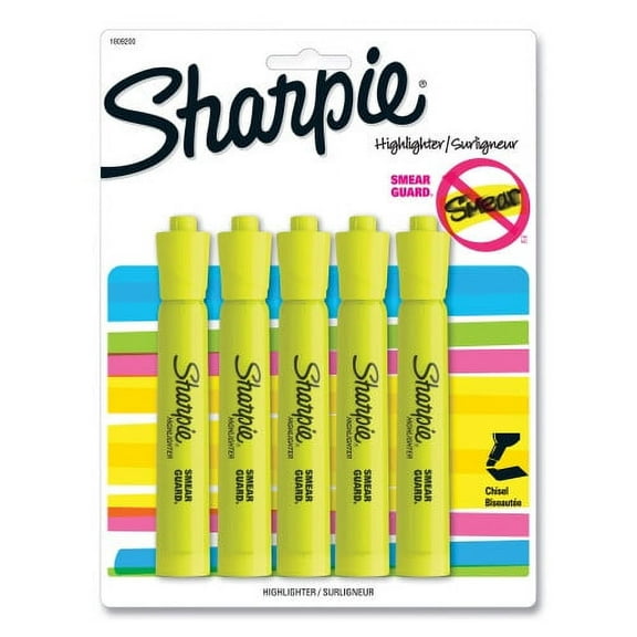 Sharpie Tank Style Highlighters, Fluorescent Yellow Ink, Chisel Tip, Yellow Barrel, 5/Pack