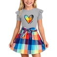 thumbnail image 2 of ITSAME Girls Summer Outfits 2-Piece Ruffled Short Sleeve Top and Plaid Print Skirt Kids Fashion Casual Set Gray Size 2-3Y, 2 of 8