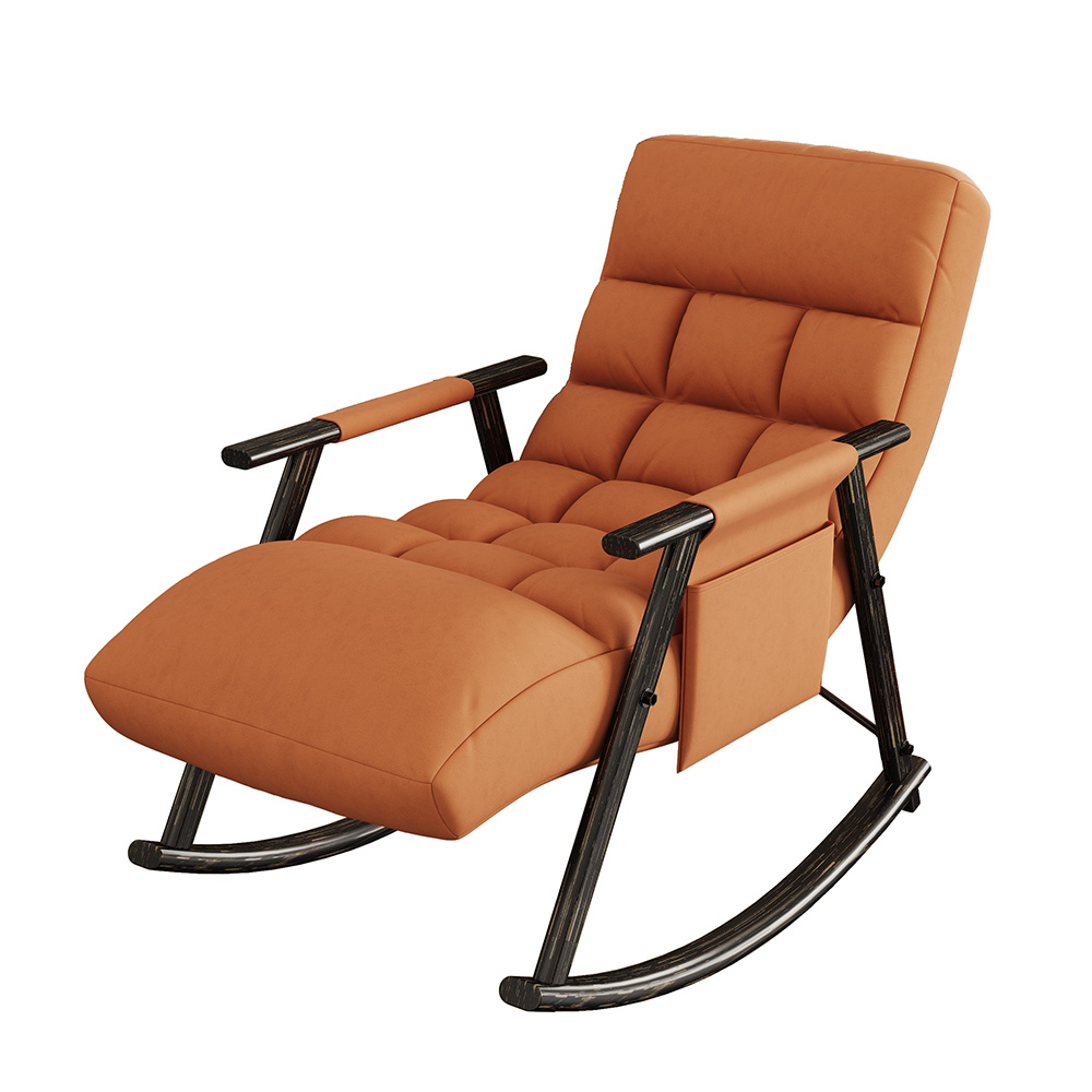 Accent Folding Rocking Recliner Chair with Side Pocket, Upholstered Nursery Glider Chair with 5 Adjustable High Back for Living Room Bedroom Balcony, Orange