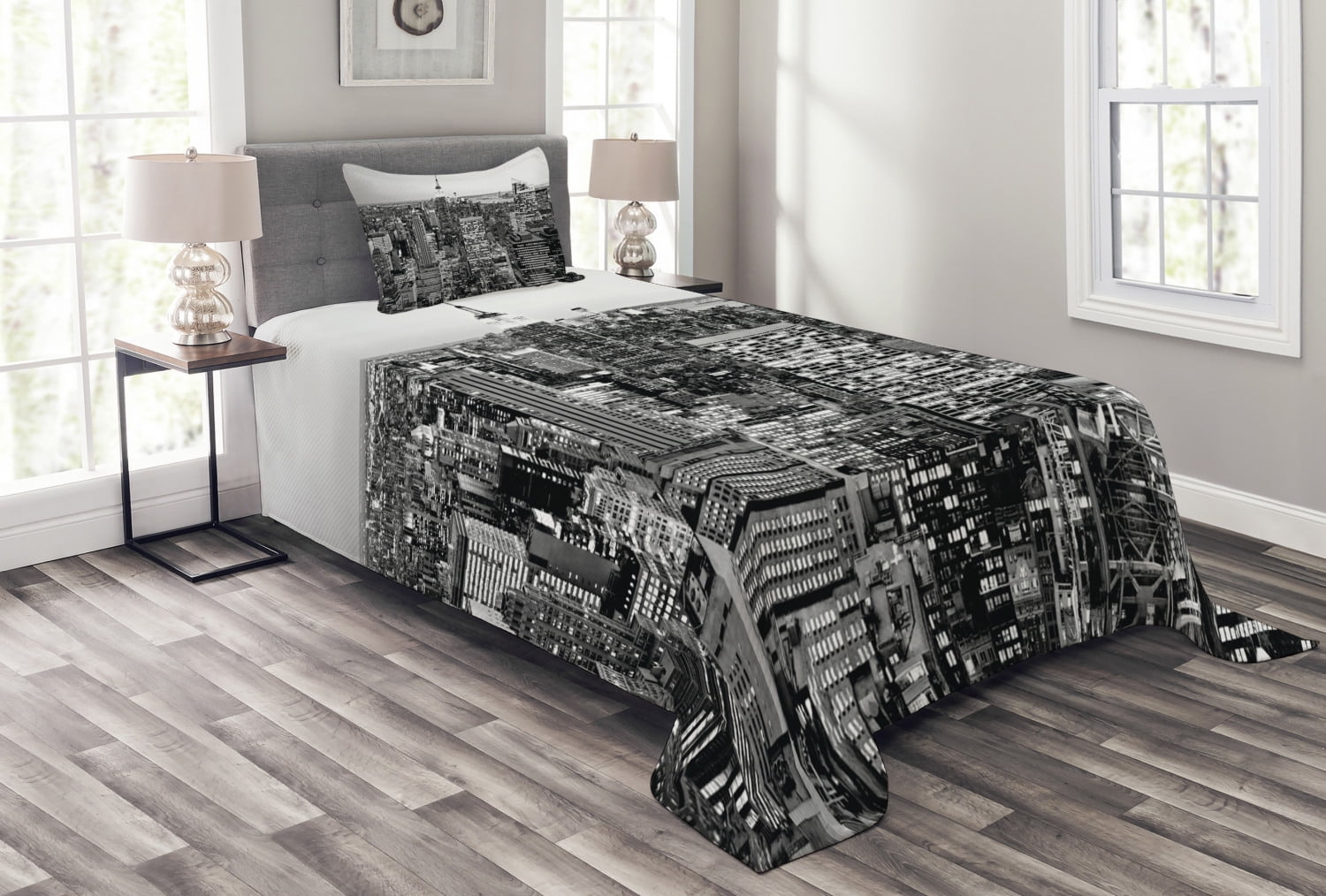 New York Bedspread Set Twin Size, Panorama of Manhattan High Buildings