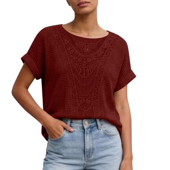 MeetoTime Women's Knit Cuff Short Sleeve Blouse Lace Crochet Round Neck Shirts Summer Elegant Stretchy Tunic Tops