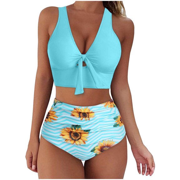 Puntoco Womens clearance,Swimsuit Women Sunflower Print Bikini Set Push Up Bathing Swimwear High Waist Swimsuit Blue