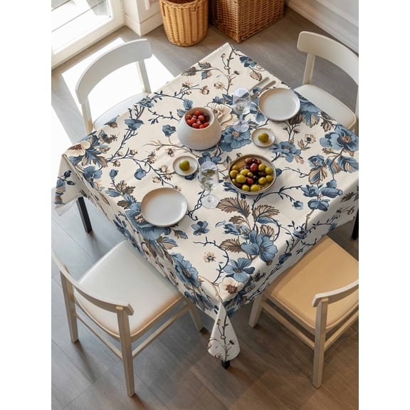 Blue Spring Floral Tablecloth Square Table Cloth 60x60, Waterproof Outdoor Table Cloth Covers Decorative Table Protector, Vintage Botanical Farmhouse Washable Table Cover for Kitchen Dinning Party