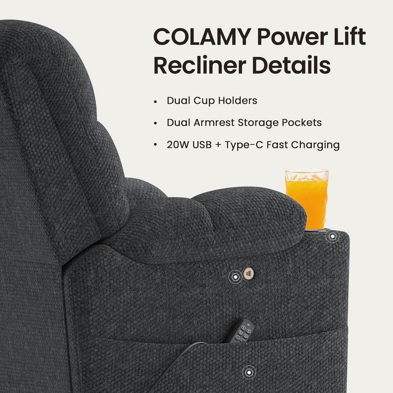 COLAMY Serene Dual Motors Power Lift Recliner Chair with Massage and Heat for Elderly People, Independent Adjustable Backrest Headrest, Extended Footrest，USB Charging Ports and Cup Holders, Dark Gray