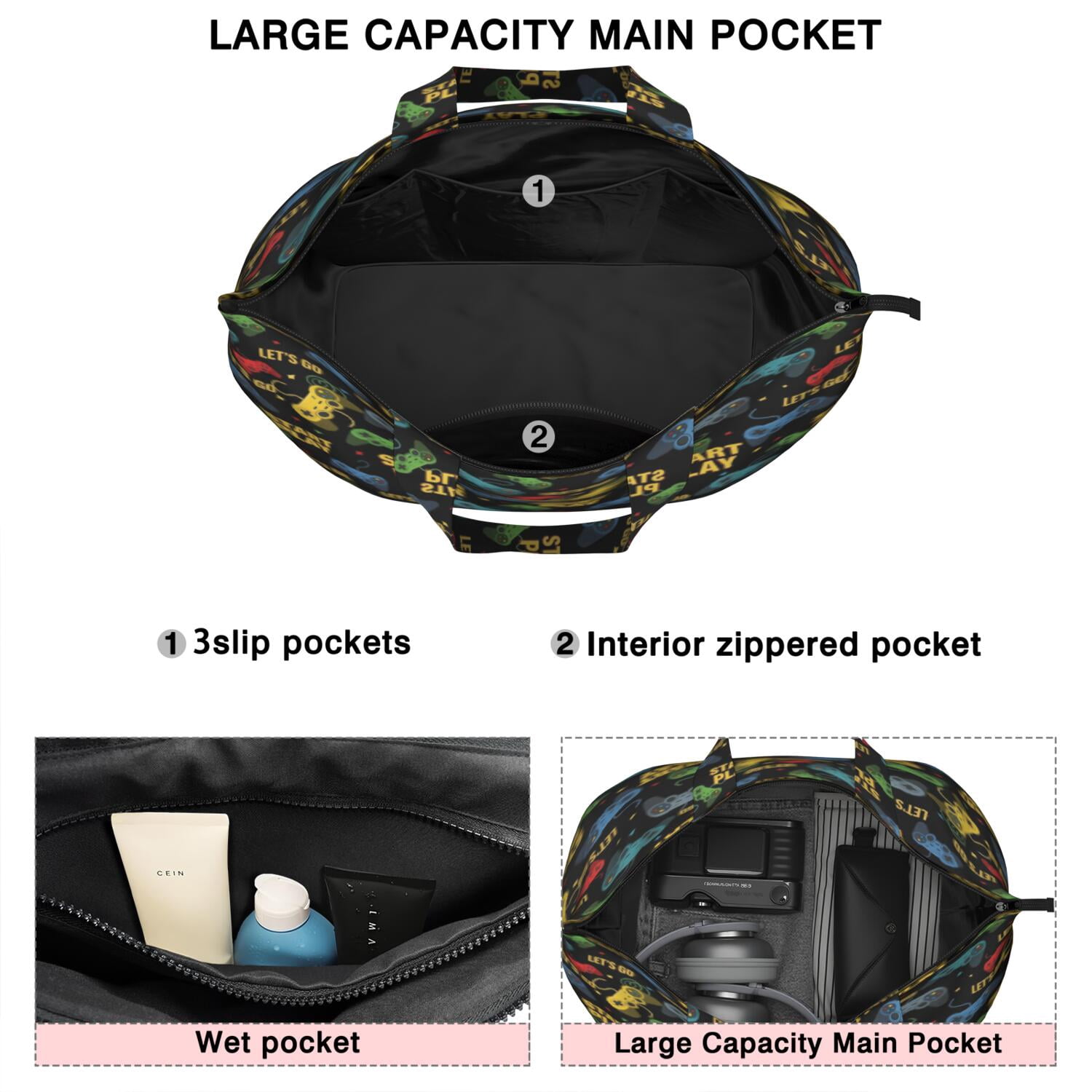 Colorful Controllers Games Texts Black Pattern Travel Tote Bags for Women Carry On,Large Weekender Bags for Women Travel,Multi Functional Duffle Bag for Work,Shopping,Sports