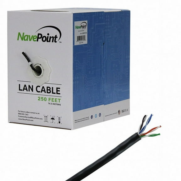 NavePoint CAT5e (CCA), 250ft, Black, Solid Bulk Ethernet Cable, 24AWG 4 Pair, Unshielded Twisted Pair (UTP)