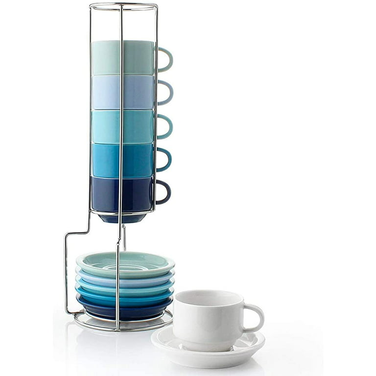 Porcelain Stackable Espresso Cups with Saucers and Metal Stand - 2.5 Ounce  for Specialty Coffee Drinks, Latte, Cafe Moch