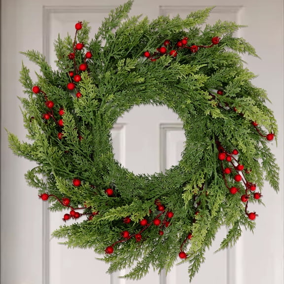 24" Christmas Norfolk Wreaths with Red Berry,for Front Door Real Touch Handmade Full Artificial Norfolk Wreath Set, Faux Christmas Wreath for Indoor Outdoor Mantle Window Farmhouse Decor