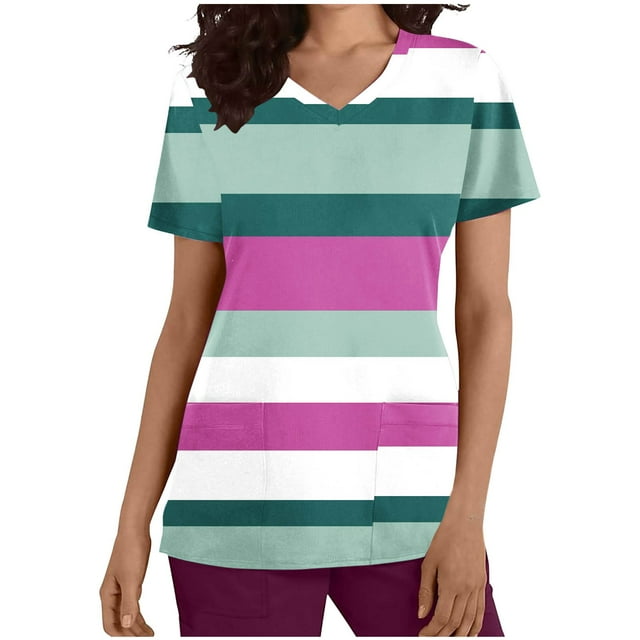 Cameland Uniformes d'Infirmière Tuniques de Sarrau pour Femmes Manches Courtes Tuniques de Sarrau pour Femmes Hauts à Col en V pour Femmes Uniforme de Travail Rayures Imprimées Poches Blouse