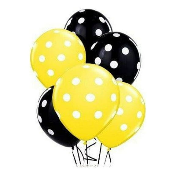 polka dot balloons 11in premium yellow and black with all-over print white dots pkg/12