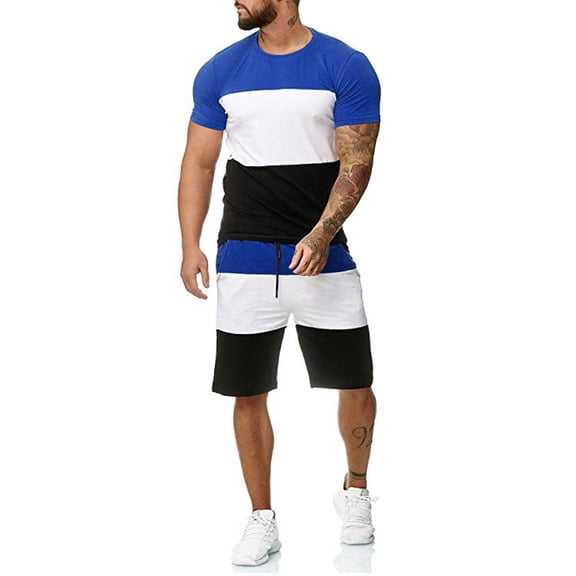 Vedolay Two Piece Short Sets Men's Two Piece Summer Short Sleeve Zipper Music Printed Shirt and Shorts Sets,Blue M
