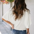 thumbnail image 4 of Tops fruncidos para mujer, cuello en V, manga corta de murciélago, blusa informal holgada de color puro para mujer, para fiesta, oficina, viajes, blanco L, 4 of 6