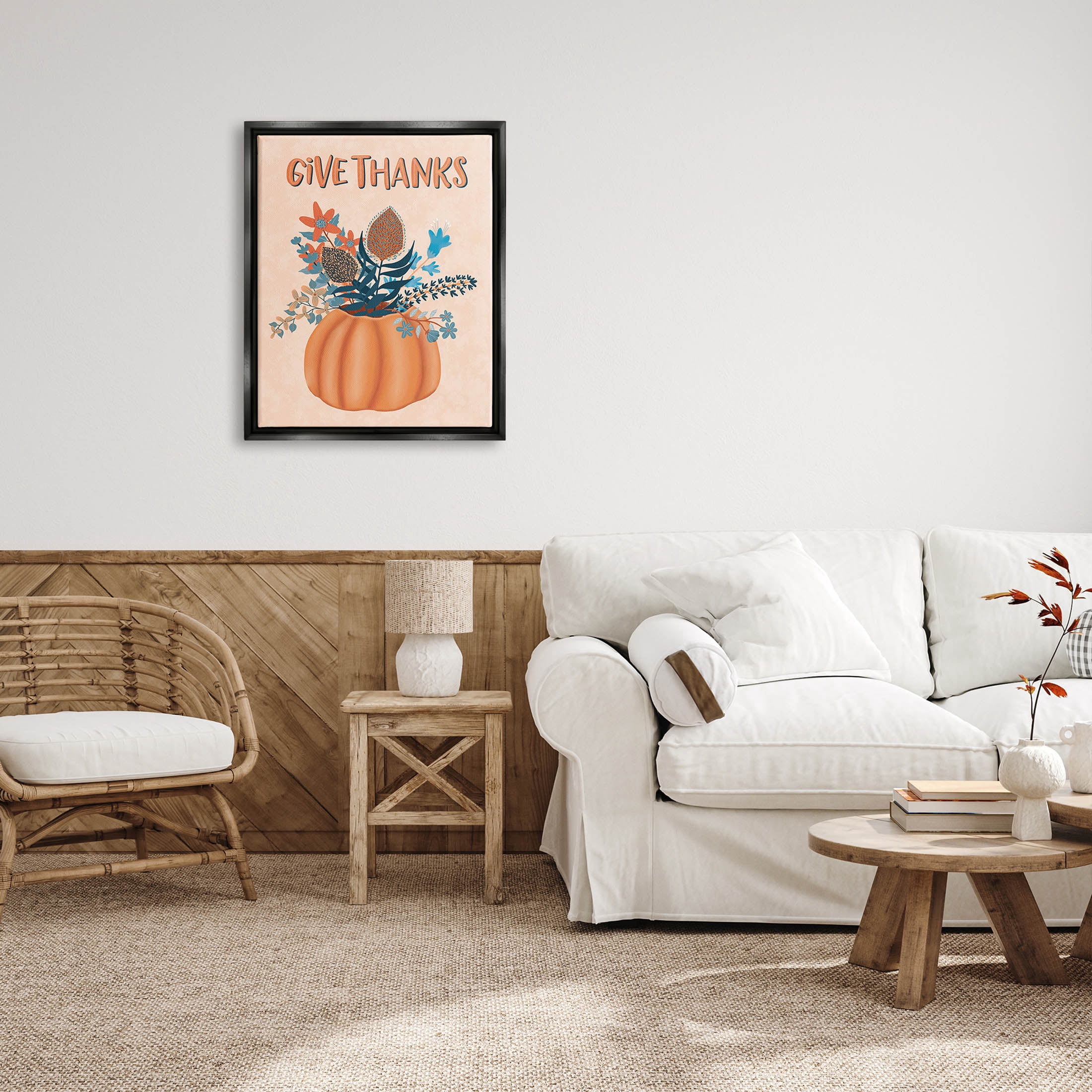Give Thanks Fall Botanical Blooms Holiday Graphic Art Jet Black Framed Art Print Wall Art