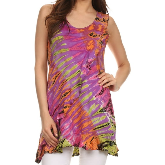 Sakkas Molika Mid Length Ruffled Tie Dye Tank Dress - Green / Purple - OS