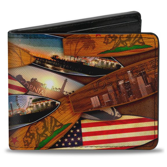 Buckle-Down Wallet, Bifold, Surfboards Cali Scenes Us Flag Stacked Brown, Vegan Leather