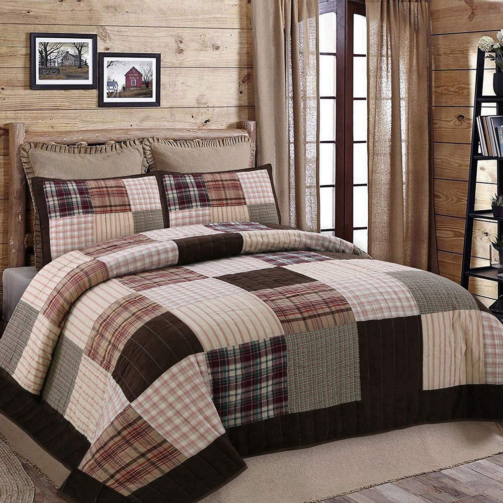 Cozy Line Heidi Brown Patchwork 100 Cotton Quilt Set, Full/Queen Set