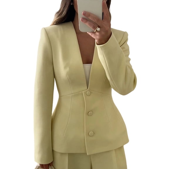 Women'S Simple Fashion Deep V-Neck Spring Fall Casual Work Solid Color Long Sleeve Button Blazer Top Light Yellow S