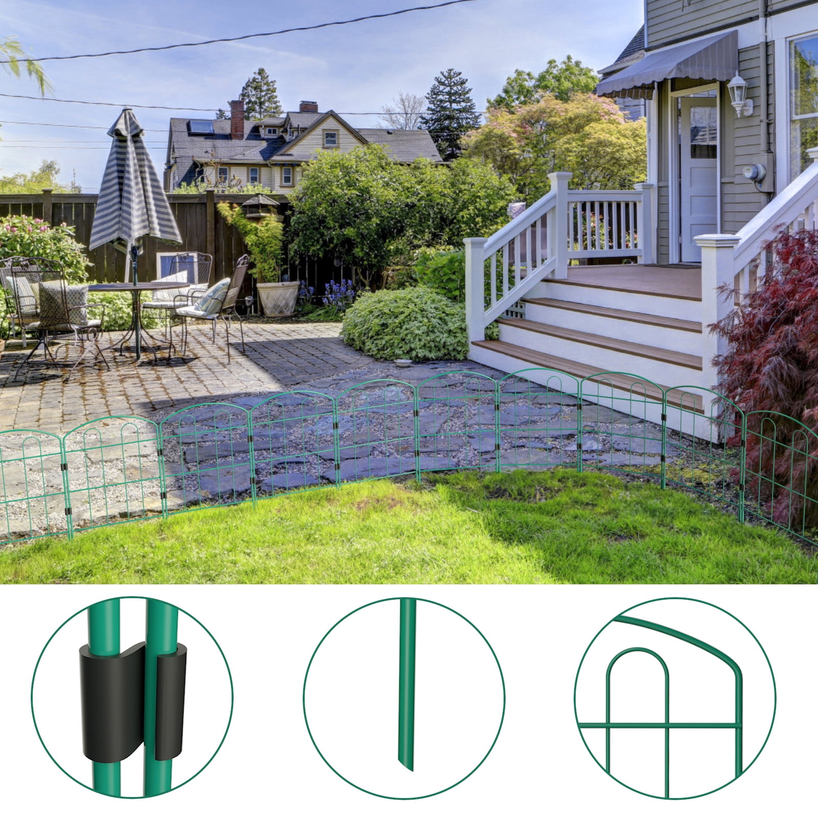 19 PCS Decorative Garden Fence, 24" (H) x 22FT (L) Metal Patio Ground Fence Outdoor Green