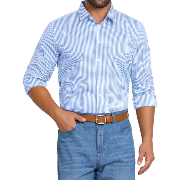 CAMISAS DE NEGOCIO DE MANGA LARGA PARA HOMBRES CON PATRÓN A CUADROS INSPIRADOR TAMAÑO L AZUL