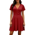 thumbnail image 4 of MaFYtyTPR Women Summer V-Neck Dress Casual Solid Color Short Sleeve Ruffled Loose Fit Mini Dress Womens Beach Flutter Sleeve Dresses A-Red L, 4 of 6