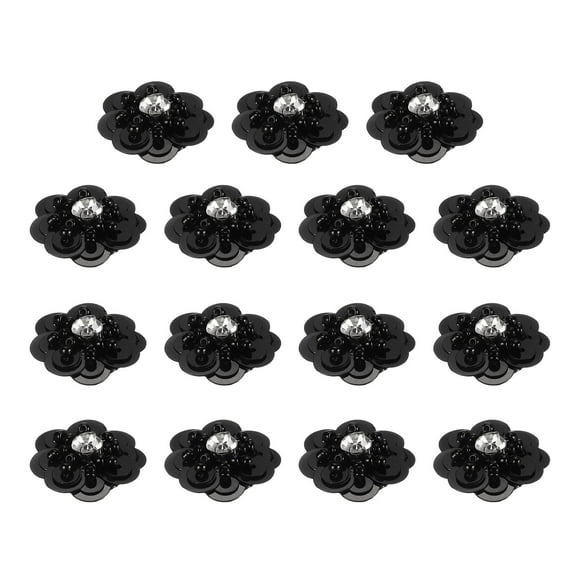 15Pack Sequin Beaded Flowers Patches, Paillette Crystal Applique, Black