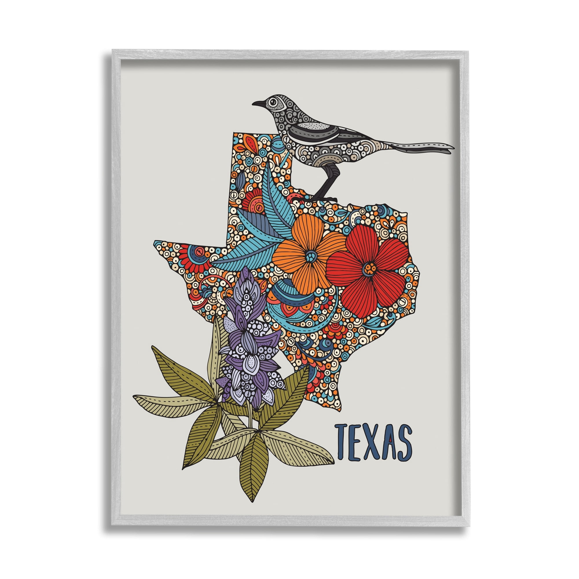 Stupell Industries Texas Bluebonnet State Bird Intricate Floral Pattern Graphic Art Gray Framed Art Print Wall Art, Design by Valentina Harper