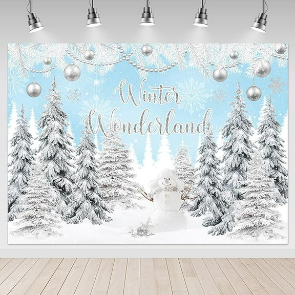 Blue Winter Wonderland Backdrop Blue Silver Snowflakes Birthday Photography Background Snowman Pine Tree Baby Shower Birthday Party Decorations Banner Supplies Photo Booth Props