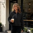 thumbnail image 3 of Womens Sports Fleece Hooded Cropped Top, Half Zip Long Sleeve Pullover Sweatshirt with Kangaroo Pocket Hoodie Black M, 3 of 5