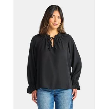 Time and Tru Women's Ruffle Neck Blouse with Long Sleeves, Size XS – XXXL