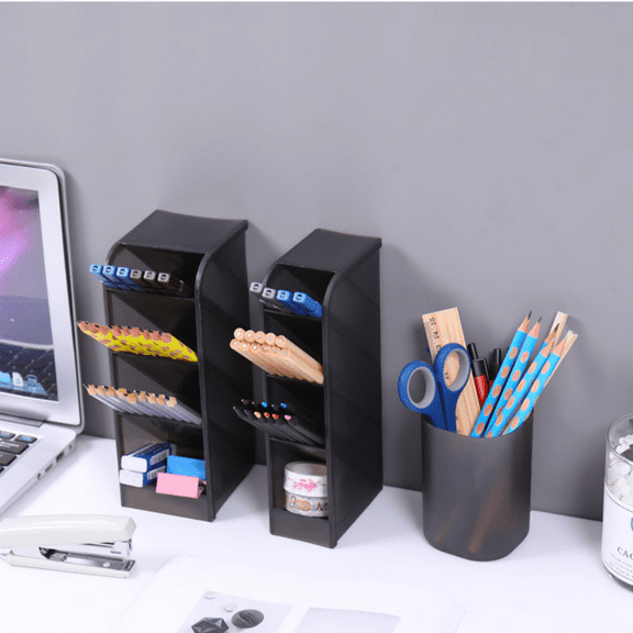 Chainplus 3 Pcs Desk Organizer- Pen & Pencil Holder Storage for Office, Home Supplies, Set of 2, 1 Cup 9 Compartments (Black)
