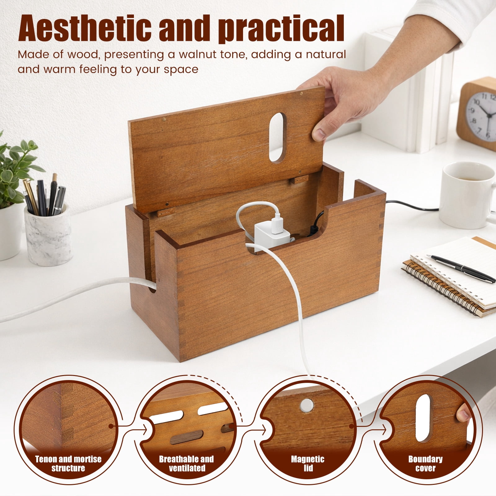 Threns Wood Cable Management Box,Wooden Cord Hider Desk Organizer for Power Strip,Electrical Hiding,TV Wires,Floor Cables,Office Under Desk Cable Storage Box for Wire,12.13 x 5.31 x 5.28 in