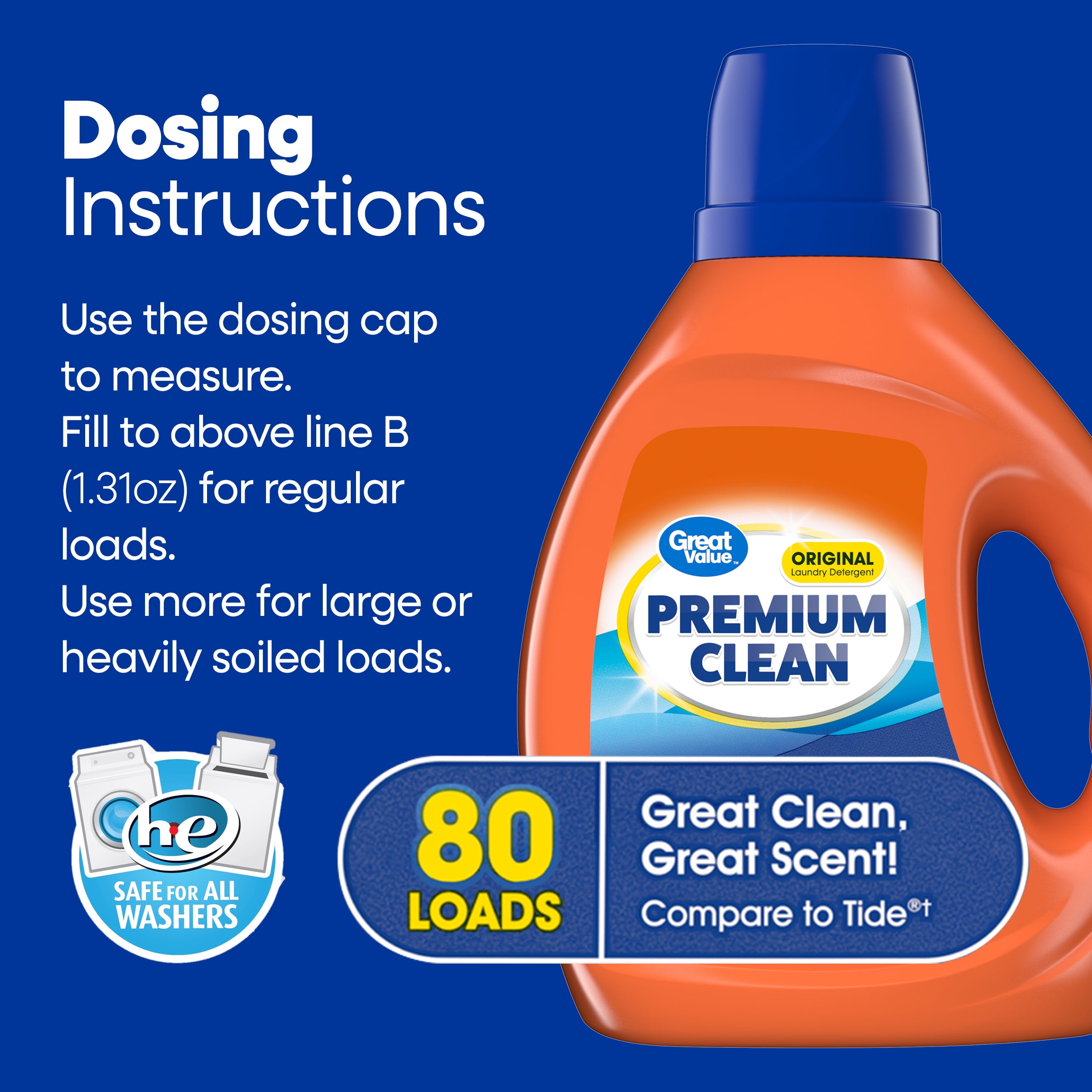 Great Value Premium Clean Original Laundry Detergent 105 fl oz, 80 loads