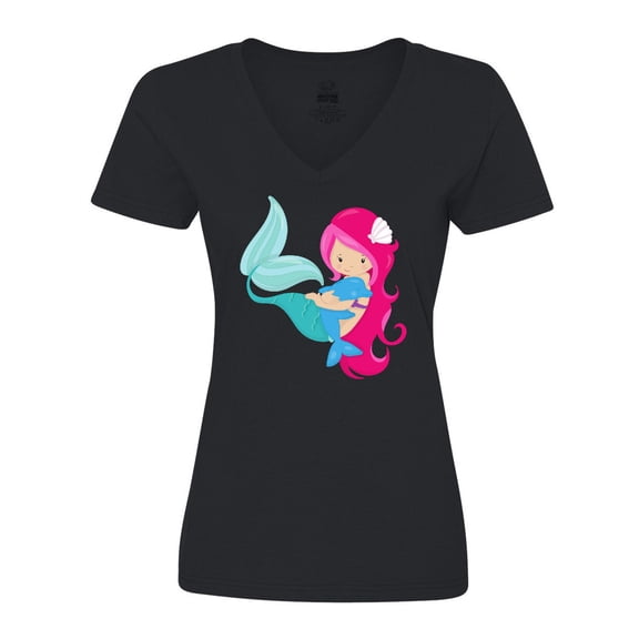 Inktastic Mermaid And Dolphin, Mermaid With Pink Hair Women's V-Neck T-Shirt